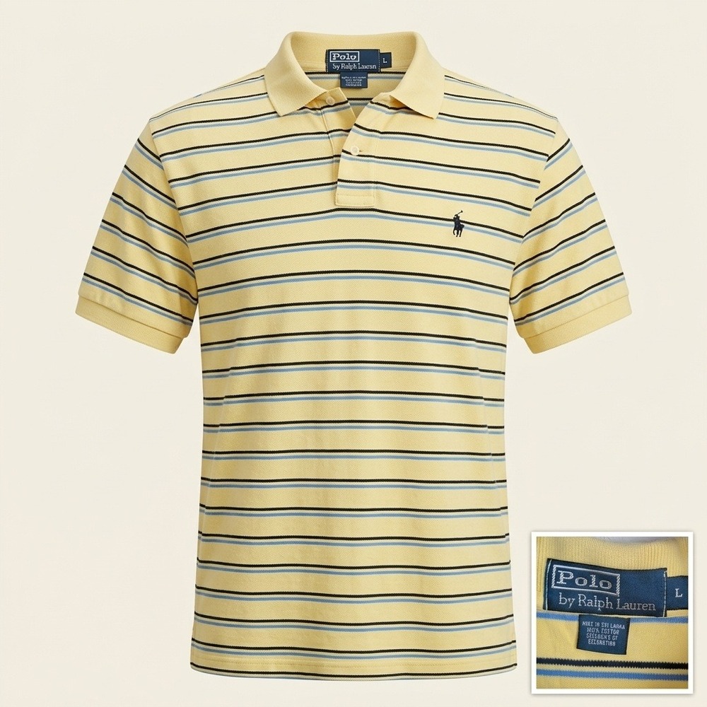 Polo Ralph Lauren Mens Polo Shirt Large Yellow Blue Striped Cotton Short Sleeve